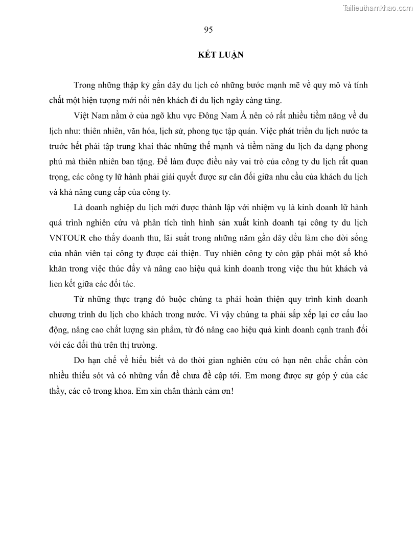 Khóa luận tốt nghiệp Giải pháp nhằm nâng cao hiệu quả kinh doanh lữ hành nội địa tại Công ty cổ phần du lịch VNTOUR - 9 Trang 105