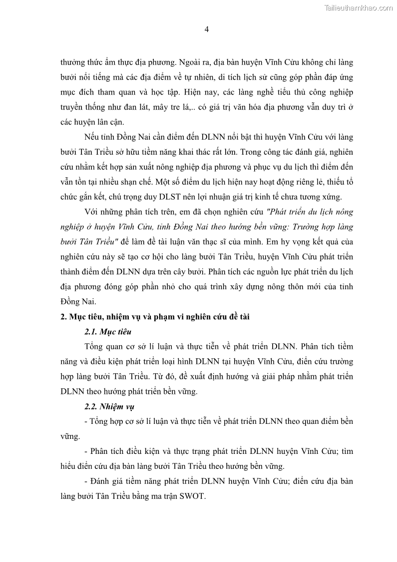 Luận văn thạc sĩ địa lý học Phát triển du lịch nông nghiệp ở huyện Vĩnh Cửu, tỉnh Đồng Nai theo hướng bền vững - Trường hợp làng bưởi Tân Triều - 2 Trang 13