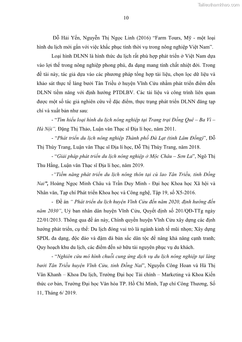 Luận văn thạc sĩ địa lý học Phát triển du lịch nông nghiệp ở huyện Vĩnh Cửu, tỉnh Đồng Nai theo hướng bền vững - Trường hợp làng bưởi Tân Triều - 2 Trang 19