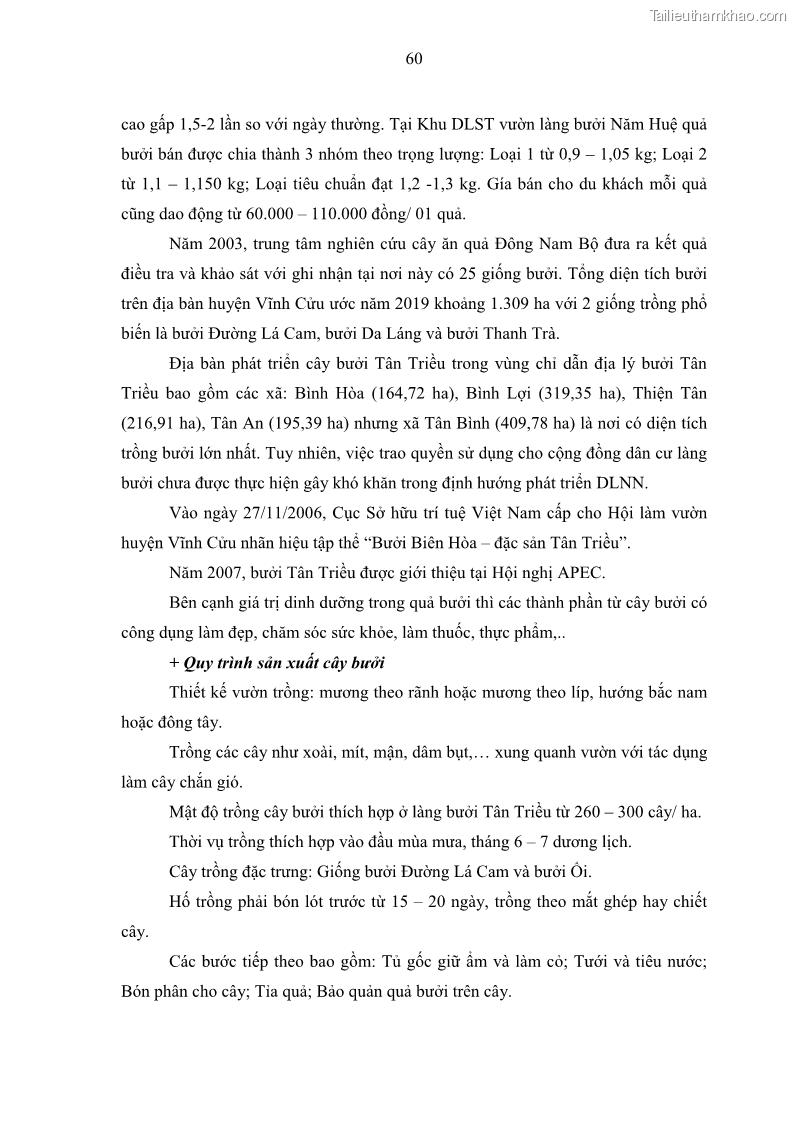 Luận văn thạc sĩ địa lý học Phát triển du lịch nông nghiệp ở huyện Vĩnh Cửu, tỉnh Đồng Nai theo hướng bền vững - Trường hợp làng bưởi Tân Triều - 6 Trang 69