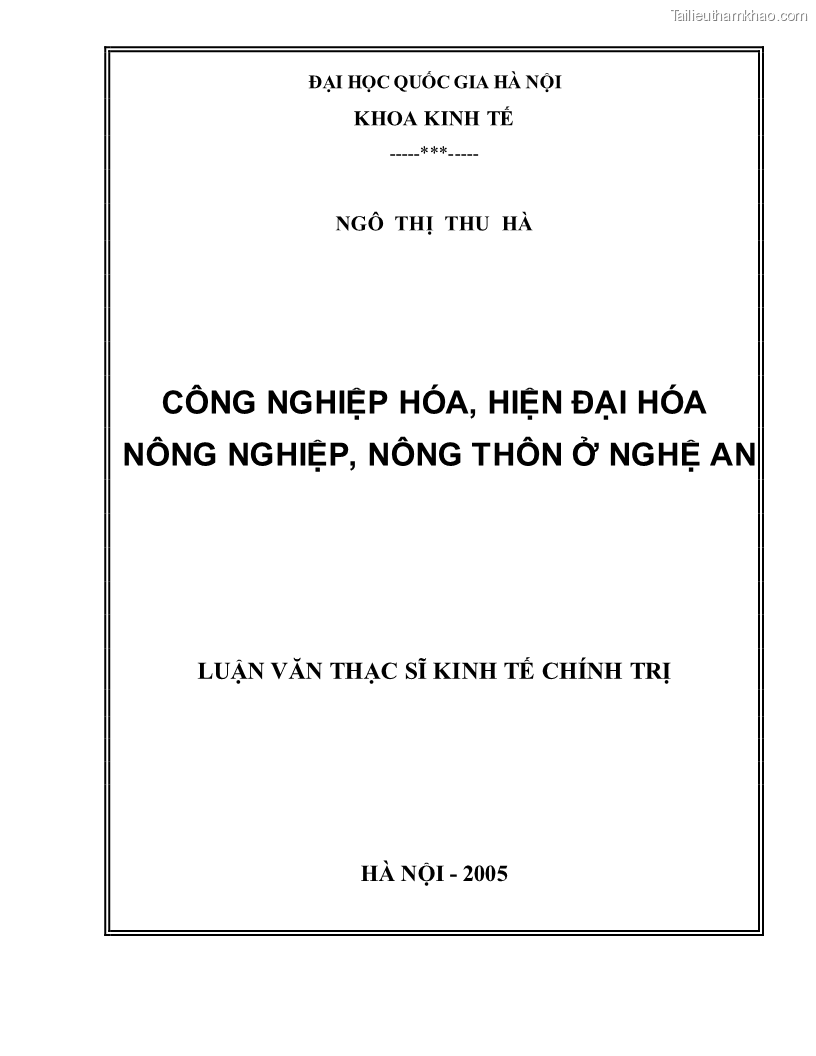 Luận văn thạc sĩ khoa học kinh tế Công nghiệp hóa, hiện đại hóa nông nghiệp, nông thôn ở Nghệ An - 1 Trang 1