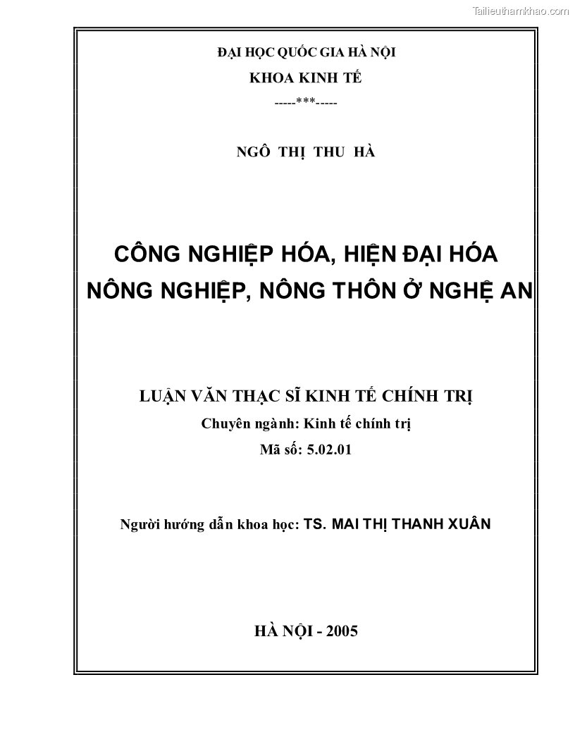 Luận văn thạc sĩ khoa học kinh tế Công nghiệp hóa, hiện đại hóa nông nghiệp, nông thôn ở Nghệ An - 1 Trang 2