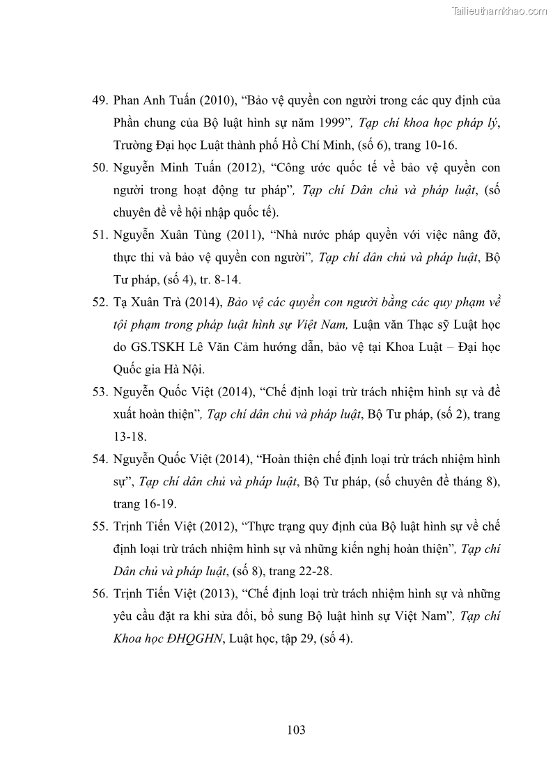 Luận văn thạc sĩ luật học Bảo vệ quyền con người bằng chế định loại trừ trách nhiệm hình sự trong pháp luật hình sự Việt Nam - 10 Trang 110