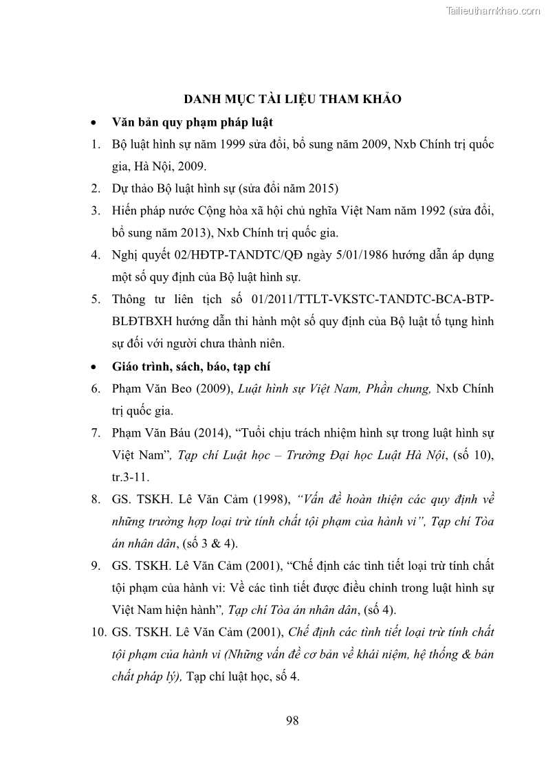 Luận văn thạc sĩ luật học Bảo vệ quyền con người bằng chế định loại trừ trách nhiệm hình sự trong pháp luật hình sự Việt Nam - 9 Trang 105