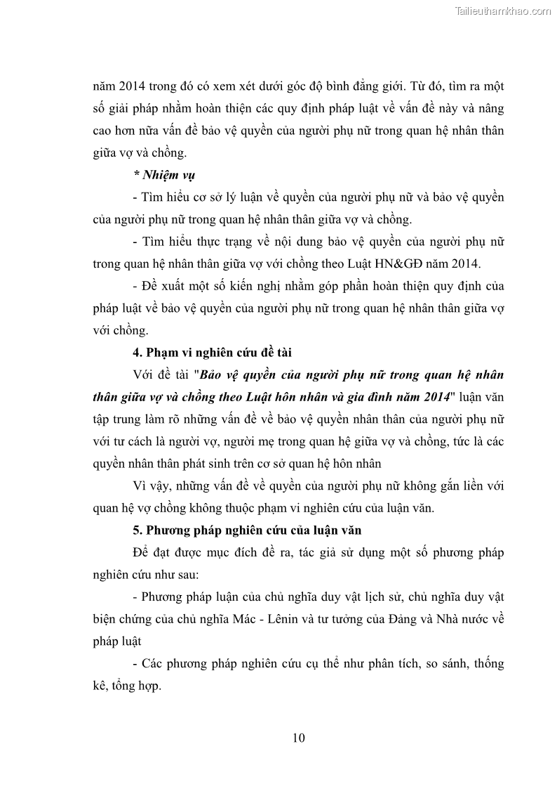 Luận văn thạc sĩ luật học Bảo vệ quyền của người phụ nữ trong quan hệ nhân thân giữa vợ và chồng theo Luật hôn nhân và gia đình năm 2014 - 1 Trang 10