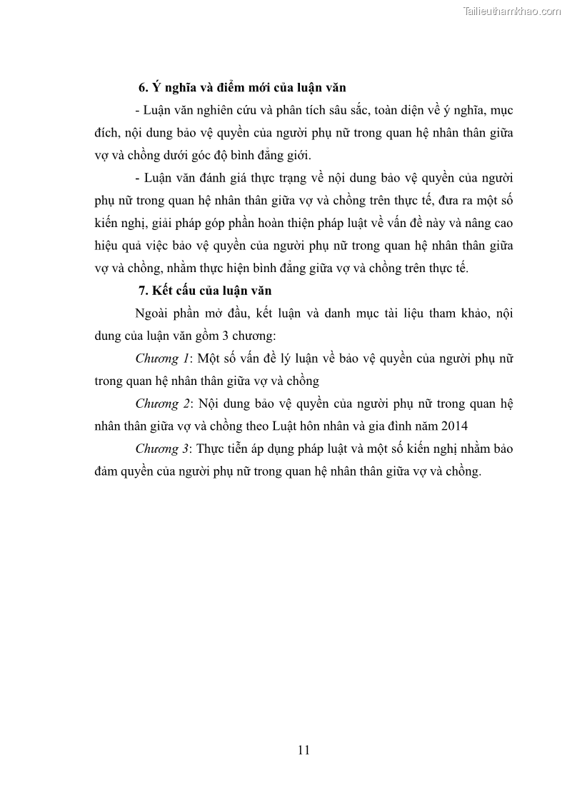 Luận văn thạc sĩ luật học Bảo vệ quyền của người phụ nữ trong quan hệ nhân thân giữa vợ và chồng theo Luật hôn nhân và gia đình năm 2014 - 1 Trang 11