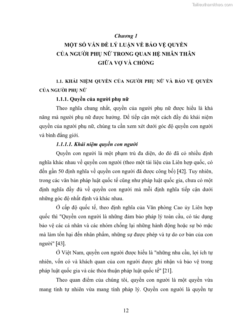 Luận văn thạc sĩ luật học Bảo vệ quyền của người phụ nữ trong quan hệ nhân thân giữa vợ và chồng theo Luật hôn nhân và gia đình năm 2014 - 1 Trang 12