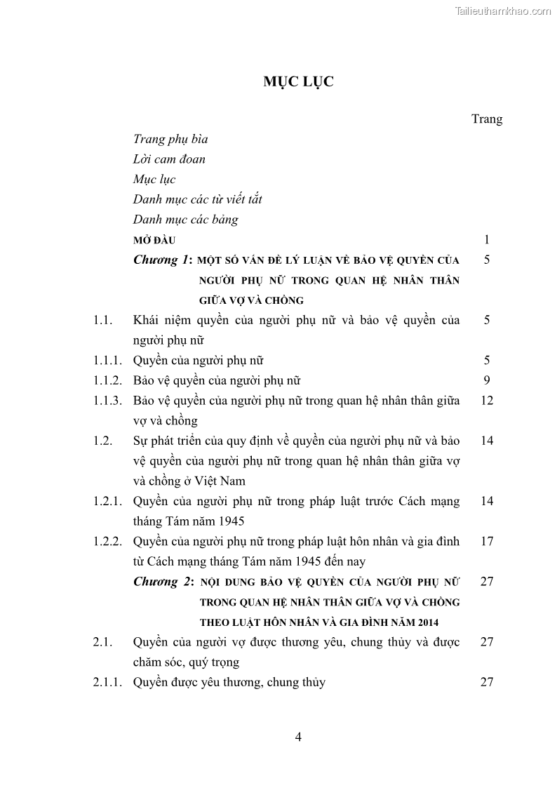 Luận văn thạc sĩ luật học Bảo vệ quyền của người phụ nữ trong quan hệ nhân thân giữa vợ và chồng theo Luật hôn nhân và gia đình năm 2014 - 1 Trang 4
