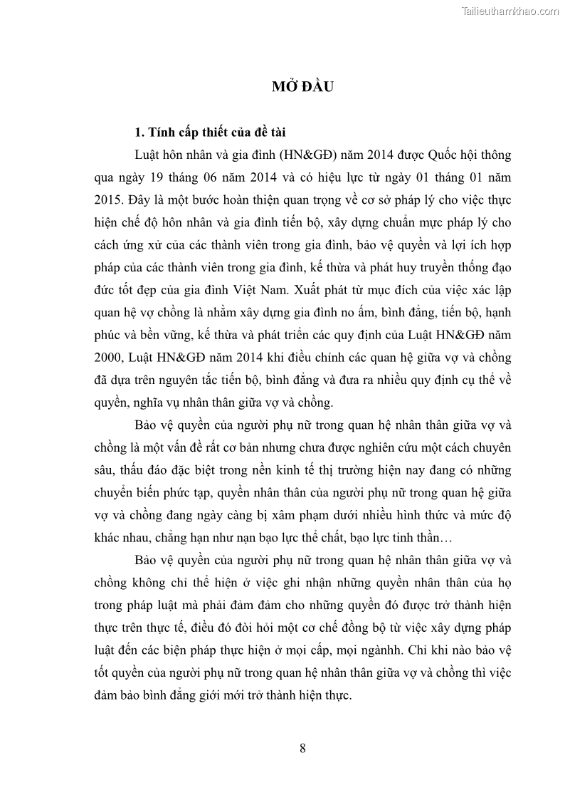 Luận văn thạc sĩ luật học Bảo vệ quyền của người phụ nữ trong quan hệ nhân thân giữa vợ và chồng theo Luật hôn nhân và gia đình năm 2014 - 1 Trang 8