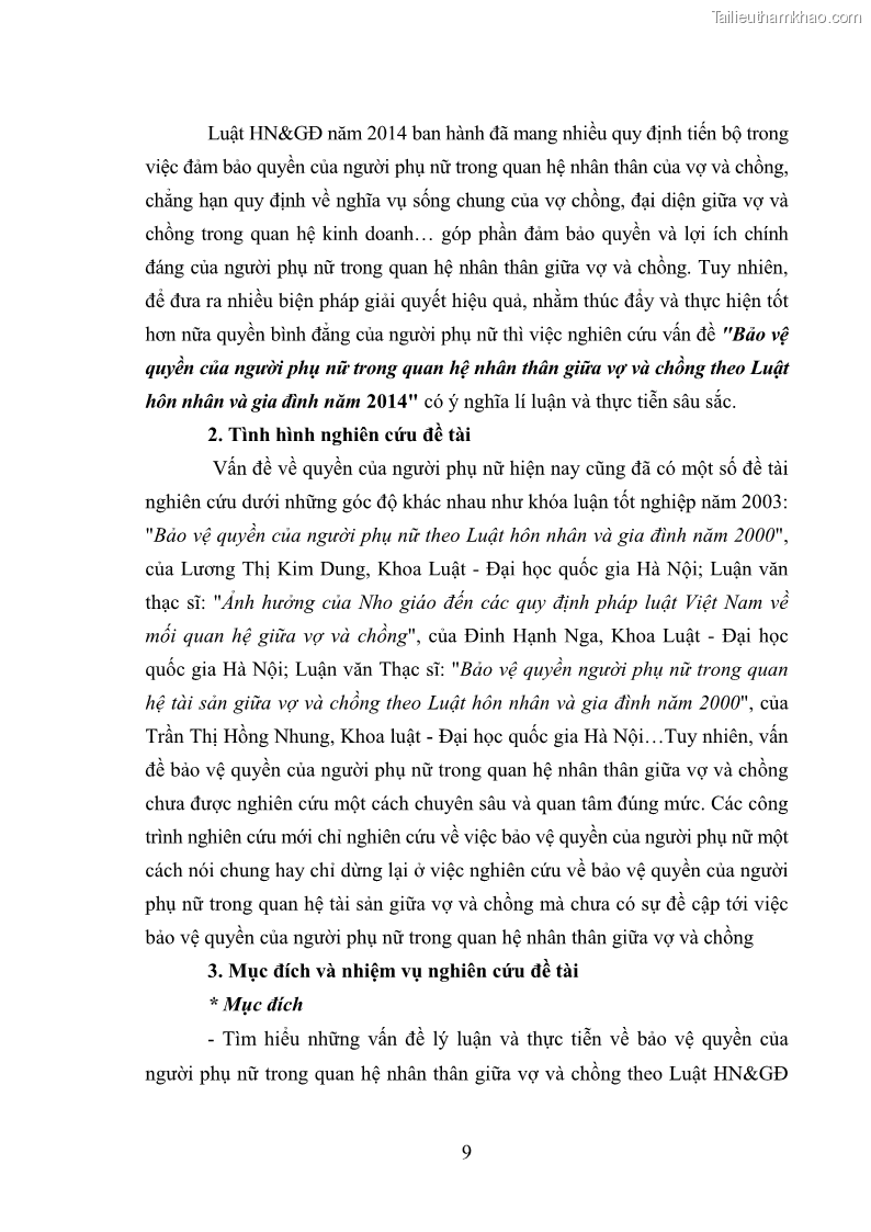Luận văn thạc sĩ luật học Bảo vệ quyền của người phụ nữ trong quan hệ nhân thân giữa vợ và chồng theo Luật hôn nhân và gia đình năm 2014 - 1 Trang 9