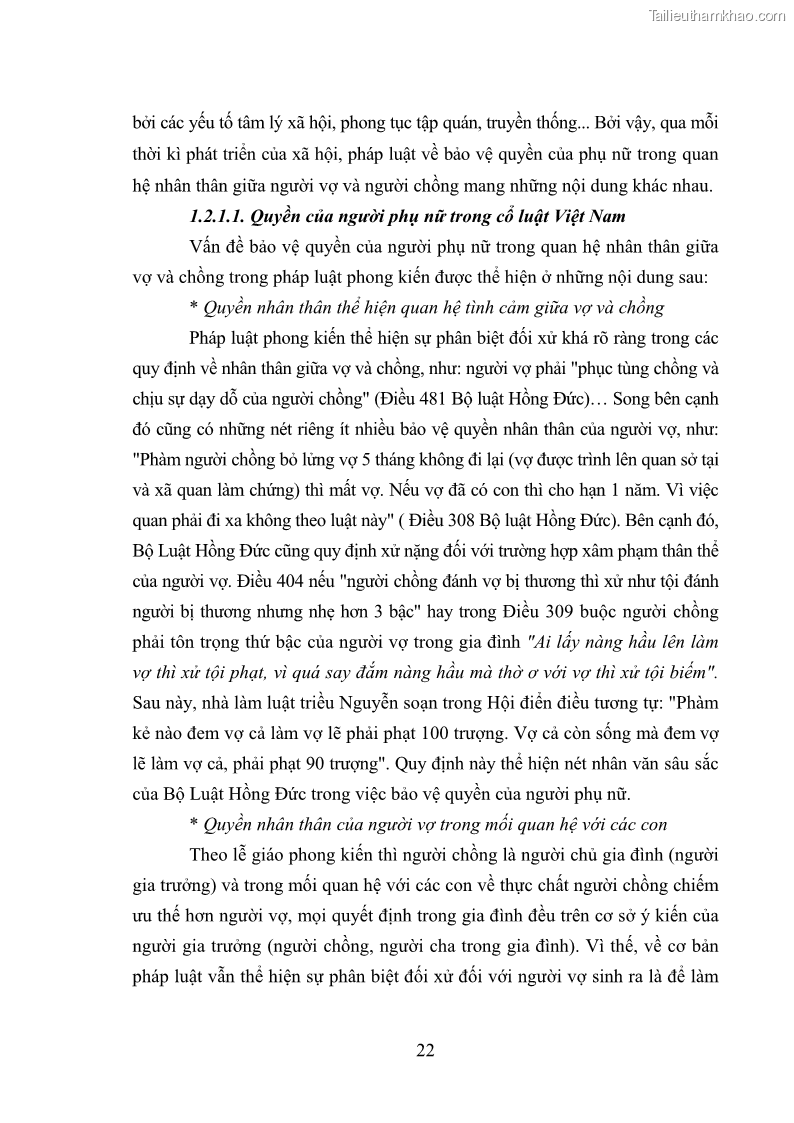Luận văn thạc sĩ luật học Bảo vệ quyền của người phụ nữ trong quan hệ nhân thân giữa vợ và chồng theo Luật hôn nhân và gia đình năm 2014 - 2 Trang 22
