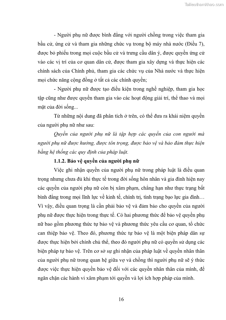 Luận văn thạc sĩ luật học Bảo vệ quyền của người phụ nữ trong quan hệ nhân thân giữa vợ và chồng theo Luật hôn nhân và gia đình năm 2014 - 2 Trang 16