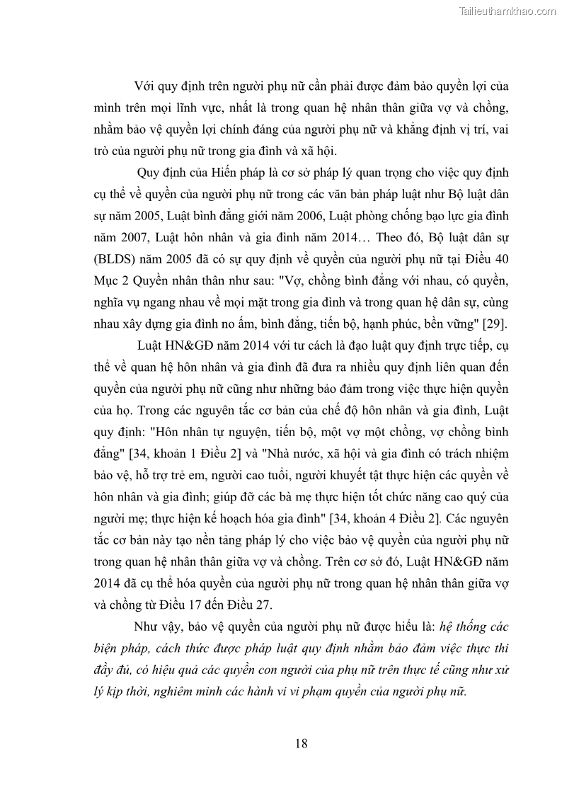 Luận văn thạc sĩ luật học Bảo vệ quyền của người phụ nữ trong quan hệ nhân thân giữa vợ và chồng theo Luật hôn nhân và gia đình năm 2014 - 2 Trang 18