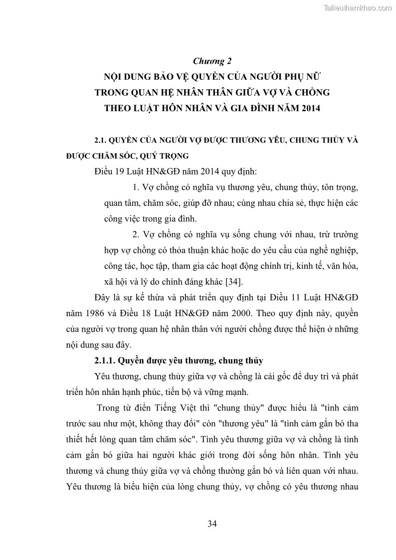 Luận văn thạc sĩ luật học Bảo vệ quyền của người phụ nữ trong quan hệ nhân thân giữa vợ và chồng theo Luật hôn nhân và gia đình năm 2014 - 3 Trang 34