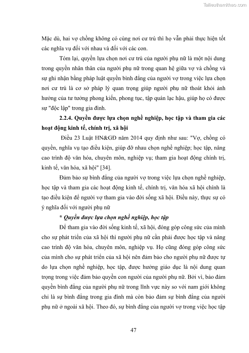 Luận văn thạc sĩ luật học Bảo vệ quyền của người phụ nữ trong quan hệ nhân thân giữa vợ và chồng theo Luật hôn nhân và gia đình năm 2014 - 4 Trang 47