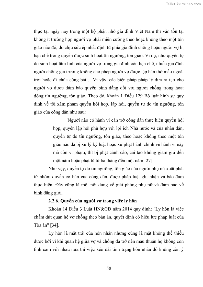 Luận văn thạc sĩ luật học Bảo vệ quyền của người phụ nữ trong quan hệ nhân thân giữa vợ và chồng theo Luật hôn nhân và gia đình năm 2014 - 5 Trang 58