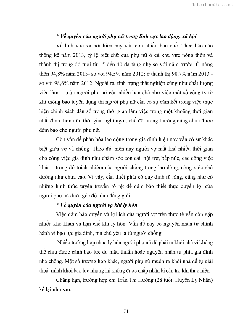 Luận văn thạc sĩ luật học Bảo vệ quyền của người phụ nữ trong quan hệ nhân thân giữa vợ và chồng theo Luật hôn nhân và gia đình năm 2014 - 6 Trang 71