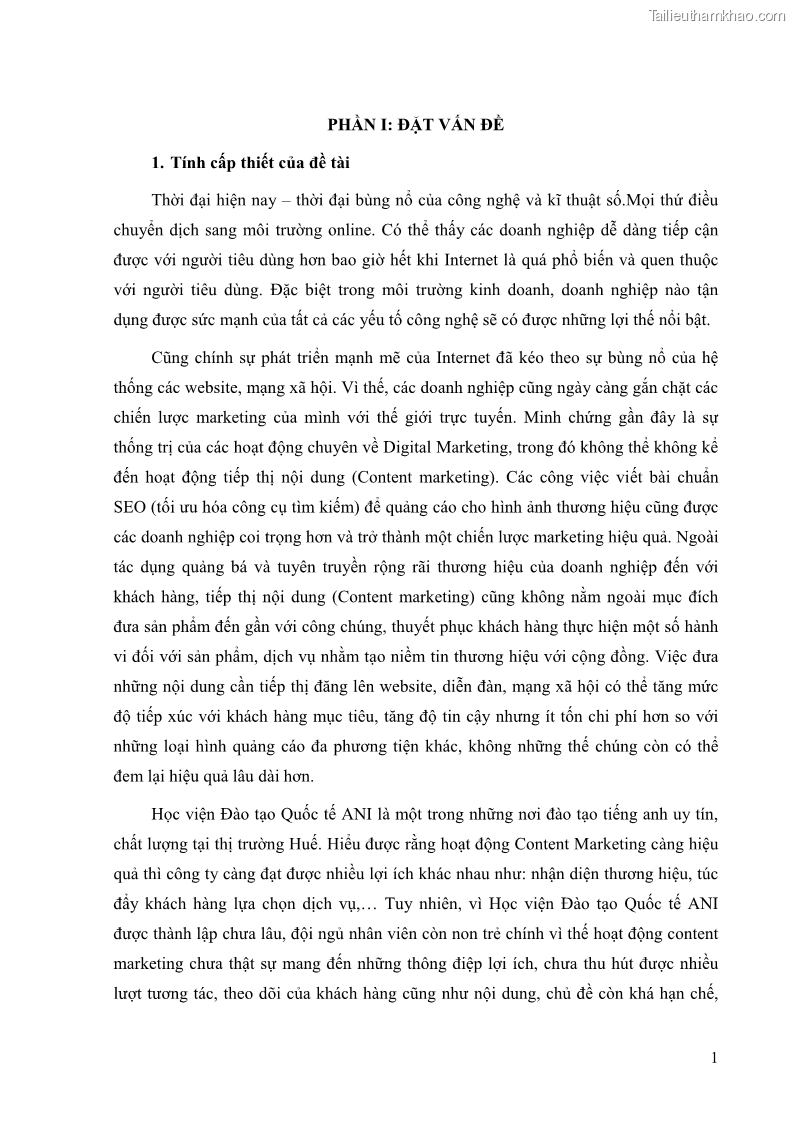 Khóa luận tốt nghiệp quản trị kinh doanh Đánh giá cảm nhận của khách hàng đối với hoạt động Content Marketing trực tuyến tại Học viện Đào tạo Quốc tế ANI - 1 Trang 9