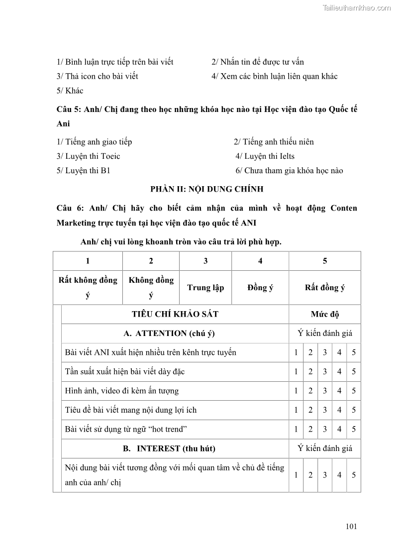 Khóa luận tốt nghiệp quản trị kinh doanh Đánh giá cảm nhận của khách hàng đối với hoạt động Content Marketing trực tuyến tại Học viện Đào tạo Quốc tế ANI - 10 Trang 109