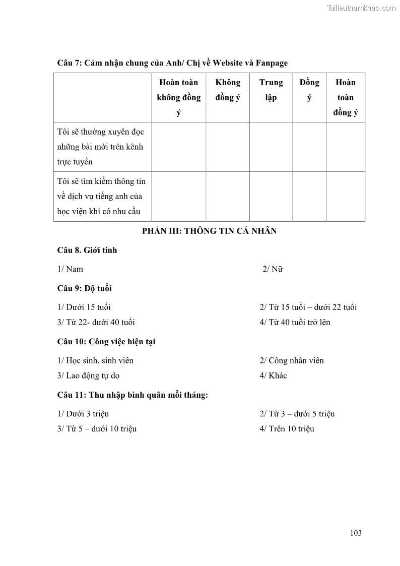 Khóa luận tốt nghiệp quản trị kinh doanh Đánh giá cảm nhận của khách hàng đối với hoạt động Content Marketing trực tuyến tại Học viện Đào tạo Quốc tế ANI - 10 Trang 111