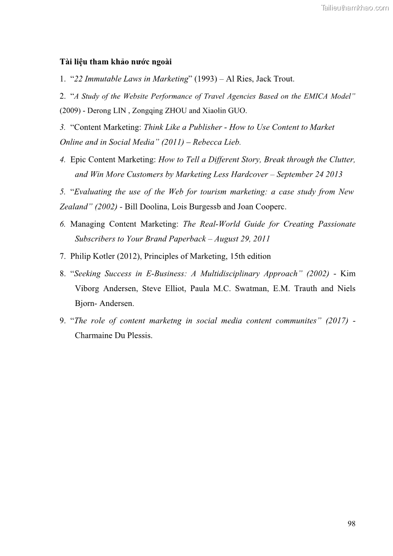 Khóa luận tốt nghiệp quản trị kinh doanh Đánh giá cảm nhận của khách hàng đối với hoạt động Content Marketing trực tuyến tại Học viện Đào tạo Quốc tế ANI - 9 Trang 106
