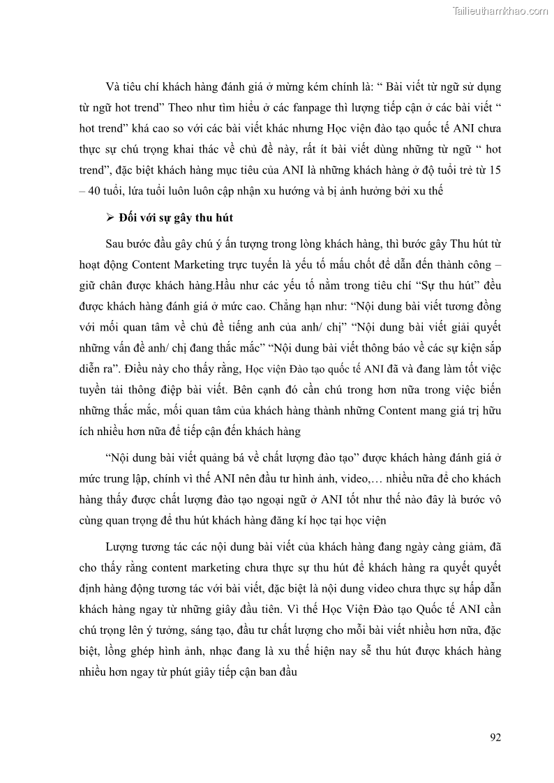 Khóa luận tốt nghiệp quản trị kinh doanh Đánh giá cảm nhận của khách hàng đối với hoạt động Content Marketing trực tuyến tại Học viện Đào tạo Quốc tế ANI - 9 Trang 100