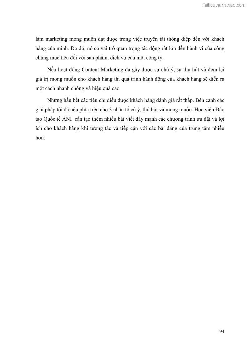 Khóa luận tốt nghiệp quản trị kinh doanh Đánh giá cảm nhận của khách hàng đối với hoạt động Content Marketing trực tuyến tại Học viện Đào tạo Quốc tế ANI - 9 Trang 102