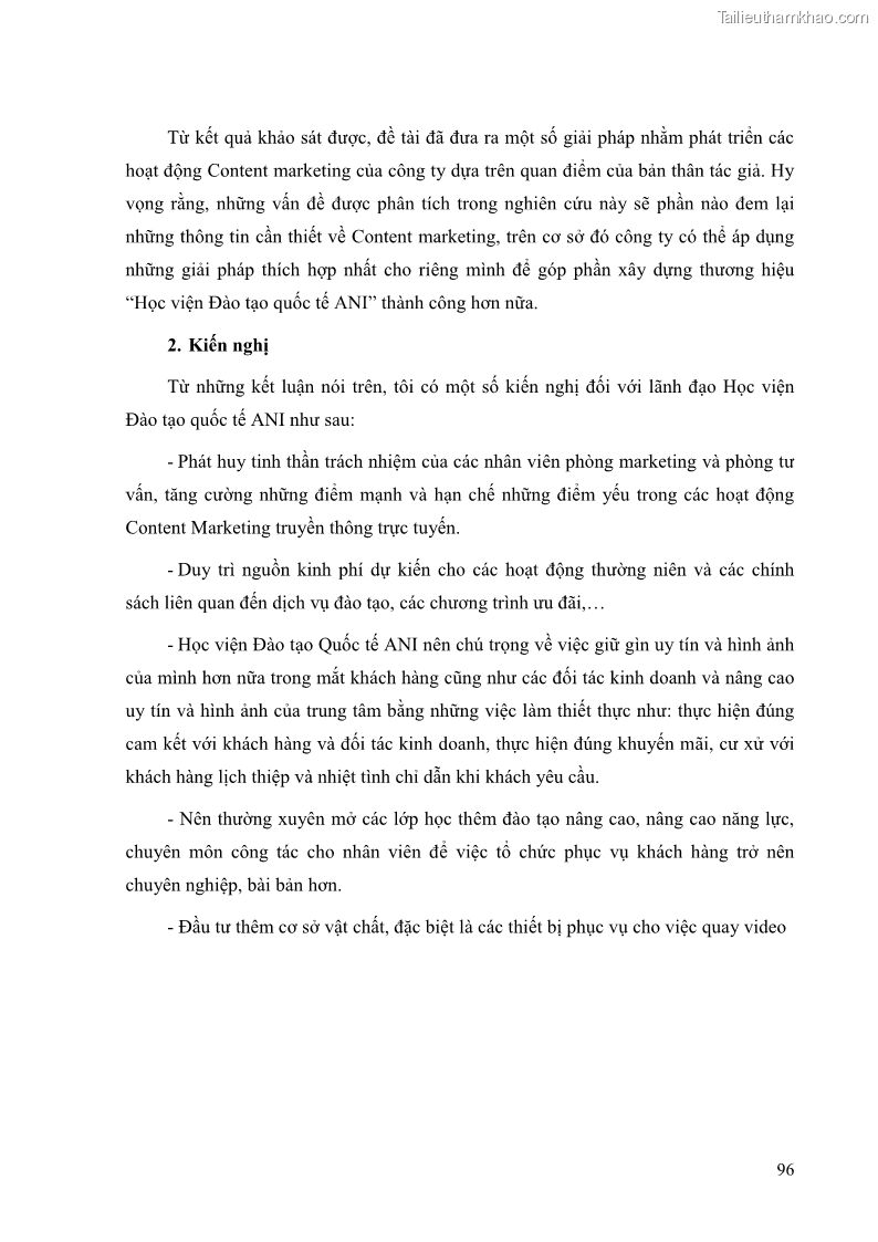 Khóa luận tốt nghiệp quản trị kinh doanh Đánh giá cảm nhận của khách hàng đối với hoạt động Content Marketing trực tuyến tại Học viện Đào tạo Quốc tế ANI - 9 Trang 104