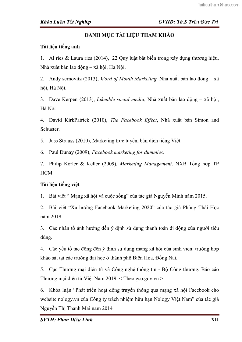 Khóa luận tốt nghiệp quản trị kinh doanh Đánh giá hoạt động truyền thông marketing qua mạng xã hội facebook của công ty TNHH Lý Minh Phong - 8 Trang 89