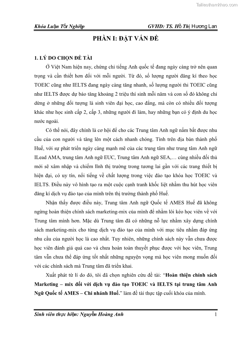 Khóa luận tốt nghiệp quản trị kinh doanh Hoàn thiện chính sách Marketing mix đối với dịch vụ đào tạo TOEIC và IELTS tại Trung tâm Anh ngữ Quốc tế AMES - chi nhánh Huế - 1 Trang 10