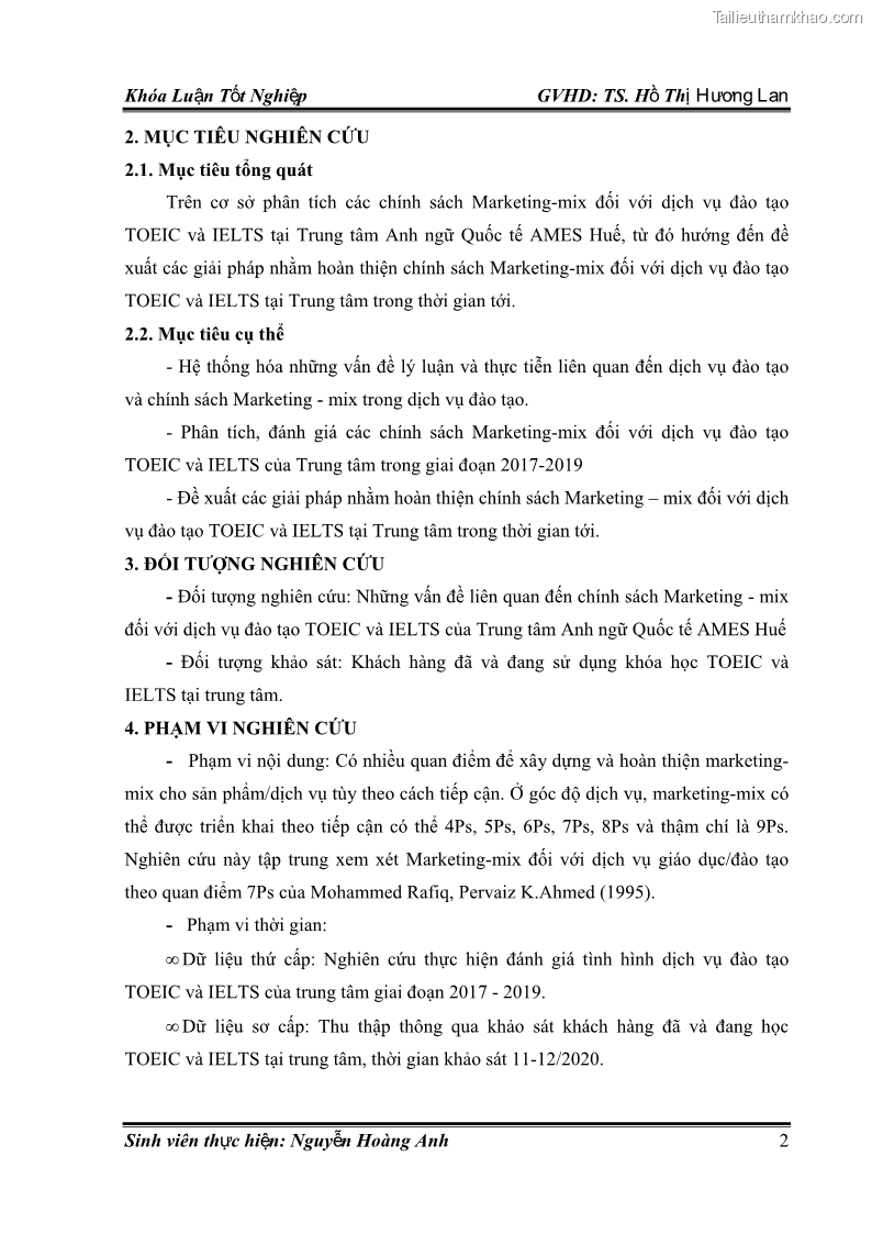 Khóa luận tốt nghiệp quản trị kinh doanh Hoàn thiện chính sách Marketing mix đối với dịch vụ đào tạo TOEIC và IELTS tại Trung tâm Anh ngữ Quốc tế AMES - chi nhánh Huế - 1 Trang 11