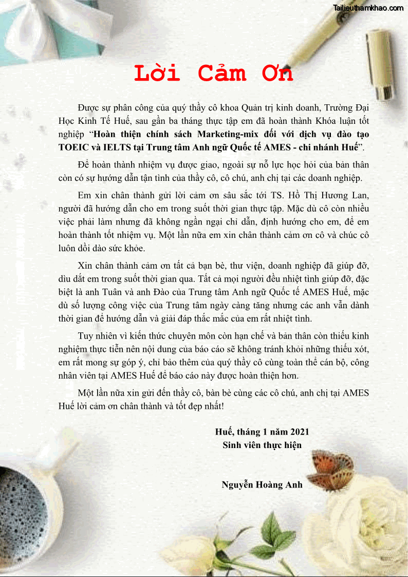 Khóa luận tốt nghiệp quản trị kinh doanh Hoàn thiện chính sách Marketing mix đối với dịch vụ đào tạo TOEIC và IELTS tại Trung tâm Anh ngữ Quốc tế AMES - chi nhánh Huế - 1 Trang 3