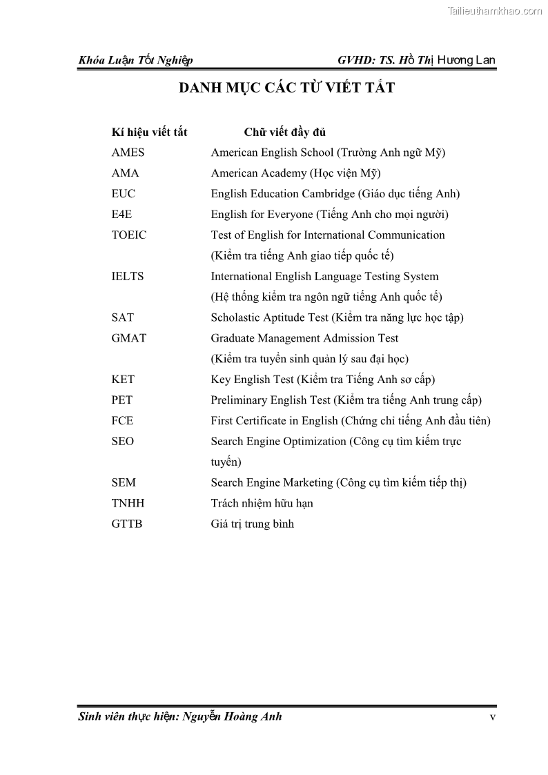 Khóa luận tốt nghiệp quản trị kinh doanh Hoàn thiện chính sách Marketing mix đối với dịch vụ đào tạo TOEIC và IELTS tại Trung tâm Anh ngữ Quốc tế AMES - chi nhánh Huế - 1 Trang 7
