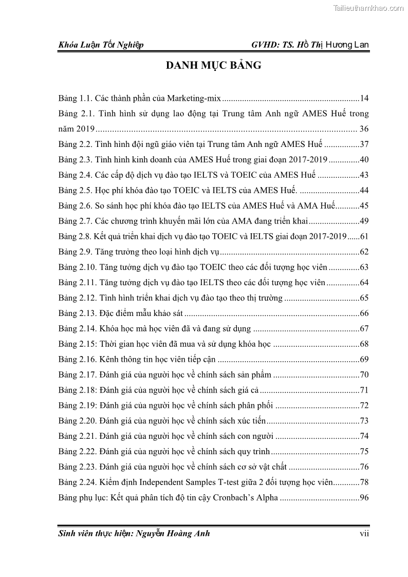 Khóa luận tốt nghiệp quản trị kinh doanh Hoàn thiện chính sách Marketing mix đối với dịch vụ đào tạo TOEIC và IELTS tại Trung tâm Anh ngữ Quốc tế AMES - chi nhánh Huế - 1 Trang 9