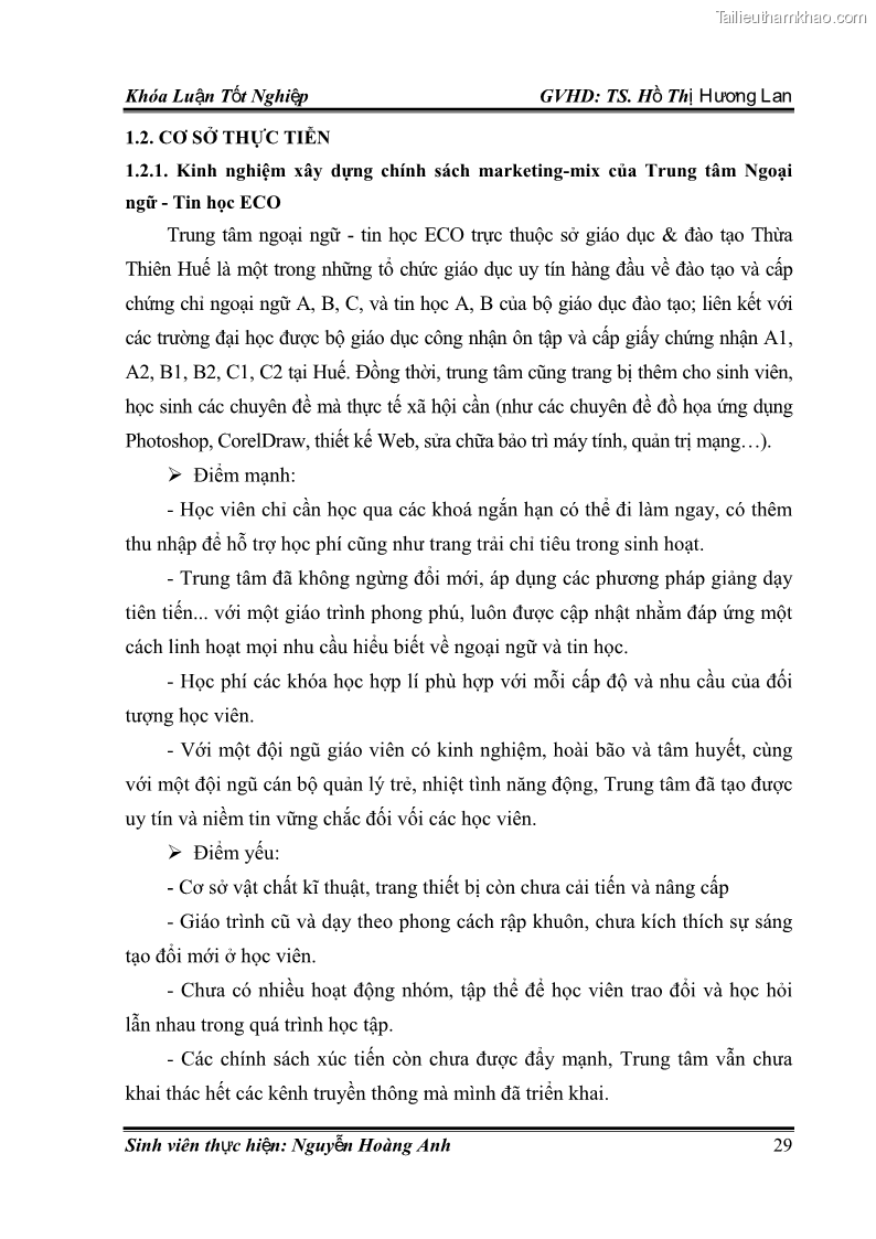 Khóa luận tốt nghiệp quản trị kinh doanh Hoàn thiện chính sách Marketing mix đối với dịch vụ đào tạo TOEIC và IELTS tại Trung tâm Anh ngữ Quốc tế AMES - chi nhánh Huế - 4 Trang 38