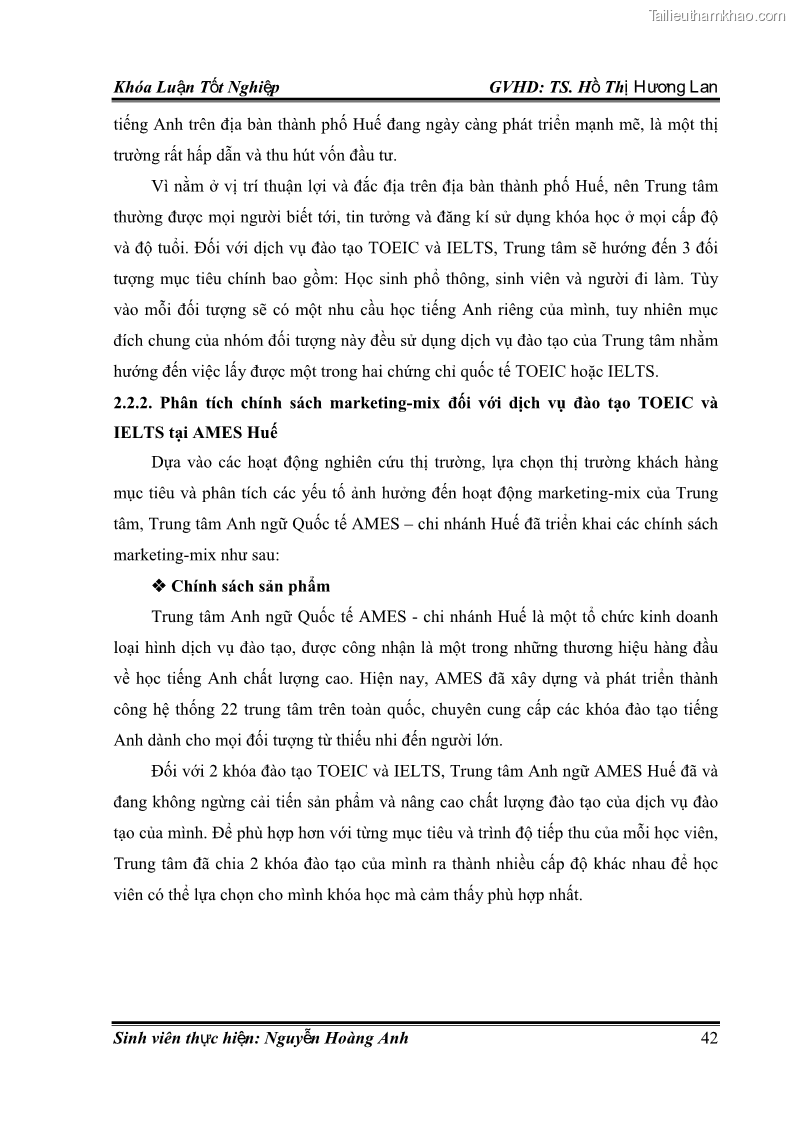 Khóa luận tốt nghiệp quản trị kinh doanh Hoàn thiện chính sách Marketing mix đối với dịch vụ đào tạo TOEIC và IELTS tại Trung tâm Anh ngữ Quốc tế AMES - chi nhánh Huế - 5 Trang 51