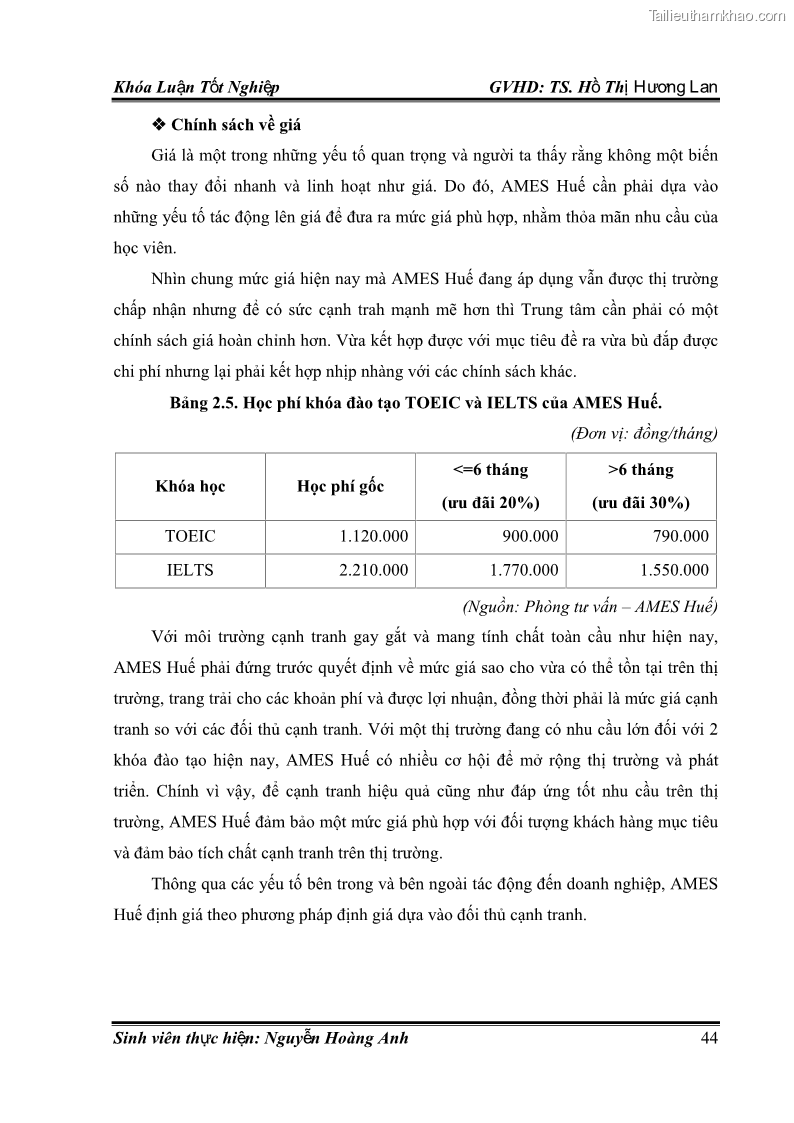 Khóa luận tốt nghiệp quản trị kinh doanh Hoàn thiện chính sách Marketing mix đối với dịch vụ đào tạo TOEIC và IELTS tại Trung tâm Anh ngữ Quốc tế AMES - chi nhánh Huế - 5 Trang 53