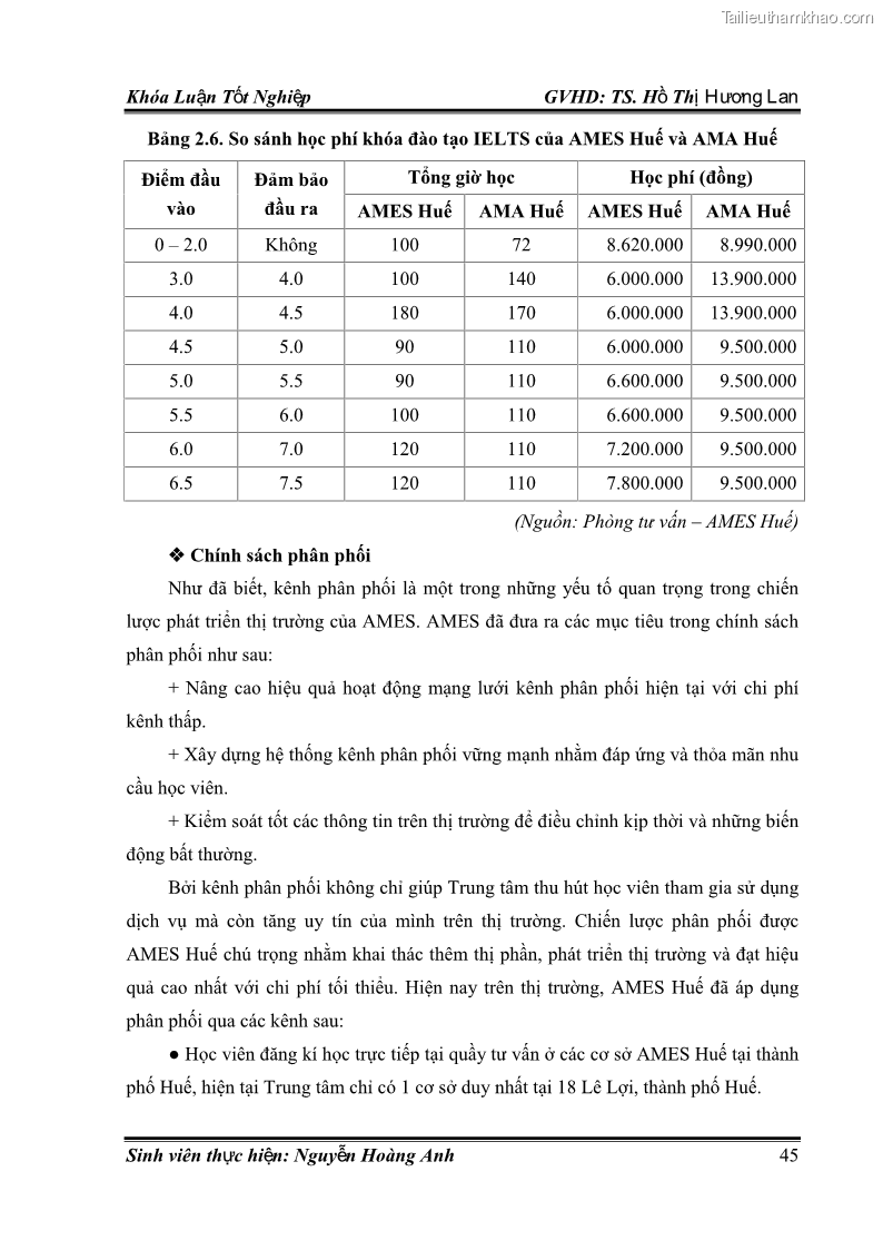 Khóa luận tốt nghiệp quản trị kinh doanh Hoàn thiện chính sách Marketing mix đối với dịch vụ đào tạo TOEIC và IELTS tại Trung tâm Anh ngữ Quốc tế AMES - chi nhánh Huế - 5 Trang 54