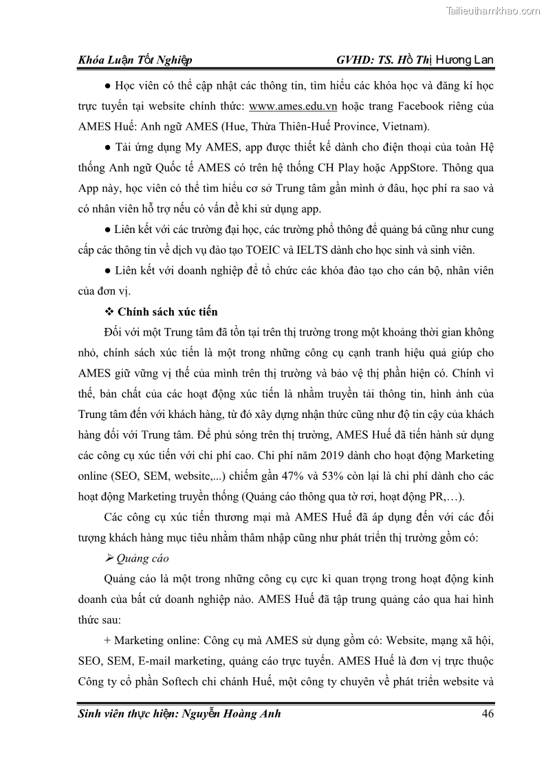 Khóa luận tốt nghiệp quản trị kinh doanh Hoàn thiện chính sách Marketing mix đối với dịch vụ đào tạo TOEIC và IELTS tại Trung tâm Anh ngữ Quốc tế AMES - chi nhánh Huế - 5 Trang 55