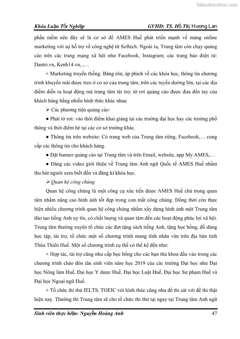 Khóa luận tốt nghiệp quản trị kinh doanh Hoàn thiện chính sách Marketing mix đối với dịch vụ đào tạo TOEIC và IELTS tại Trung tâm Anh ngữ Quốc tế AMES - chi nhánh Huế - 5 Trang 56
