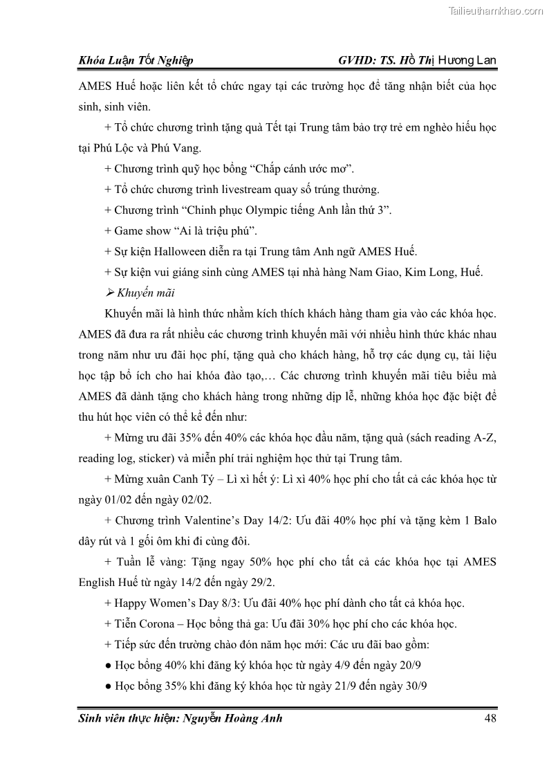 Khóa luận tốt nghiệp quản trị kinh doanh Hoàn thiện chính sách Marketing mix đối với dịch vụ đào tạo TOEIC và IELTS tại Trung tâm Anh ngữ Quốc tế AMES - chi nhánh Huế - 5 Trang 57
