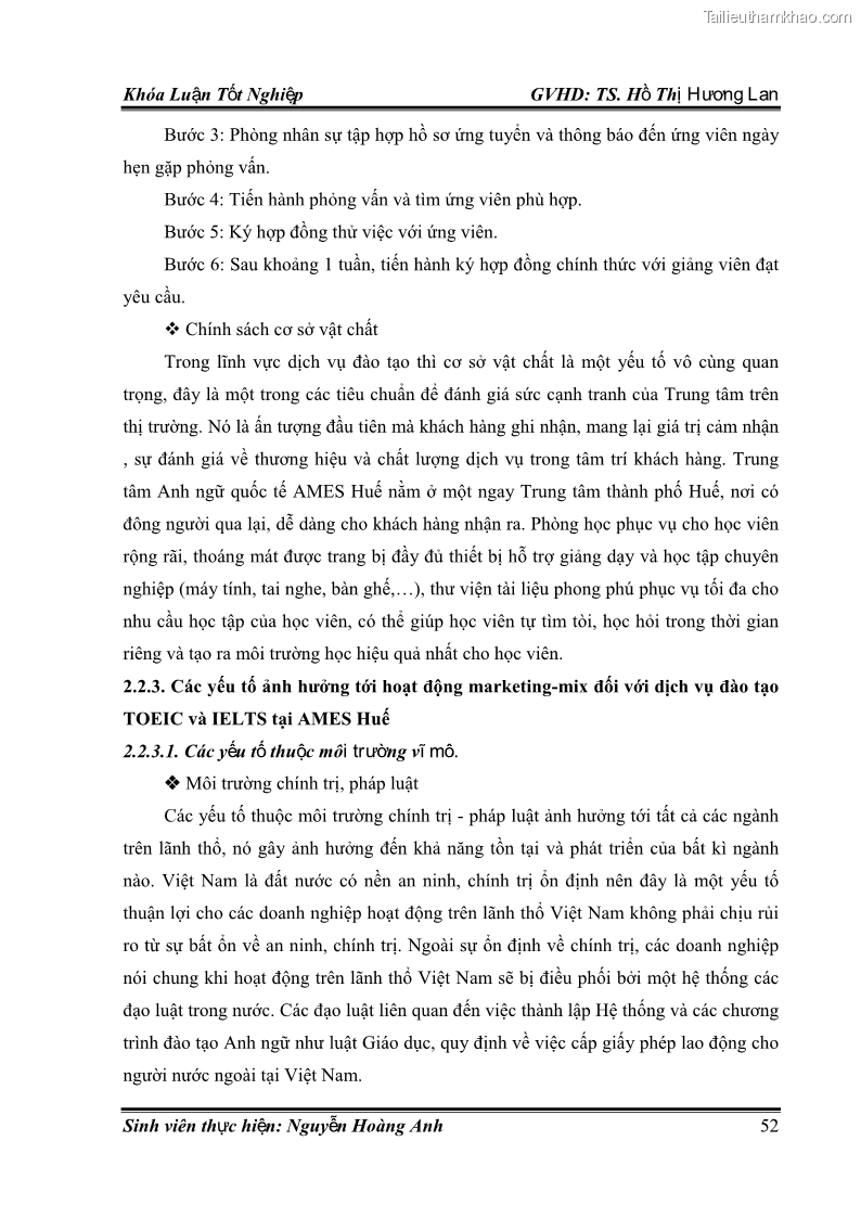 Khóa luận tốt nghiệp quản trị kinh doanh Hoàn thiện chính sách Marketing mix đối với dịch vụ đào tạo TOEIC và IELTS tại Trung tâm Anh ngữ Quốc tế AMES - chi nhánh Huế - 6 Trang 61