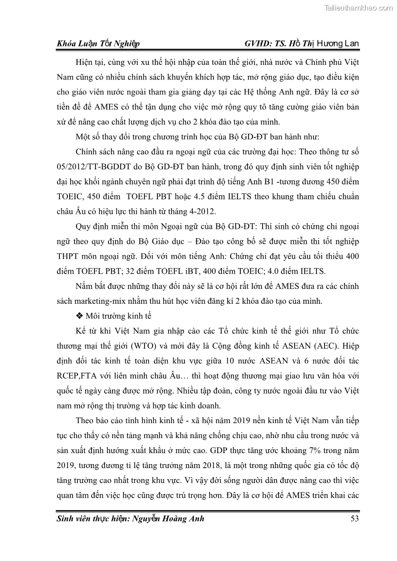 Khóa luận tốt nghiệp quản trị kinh doanh Hoàn thiện chính sách Marketing mix đối với dịch vụ đào tạo TOEIC và IELTS tại Trung tâm Anh ngữ Quốc tế AMES - chi nhánh Huế - 6 Trang 62