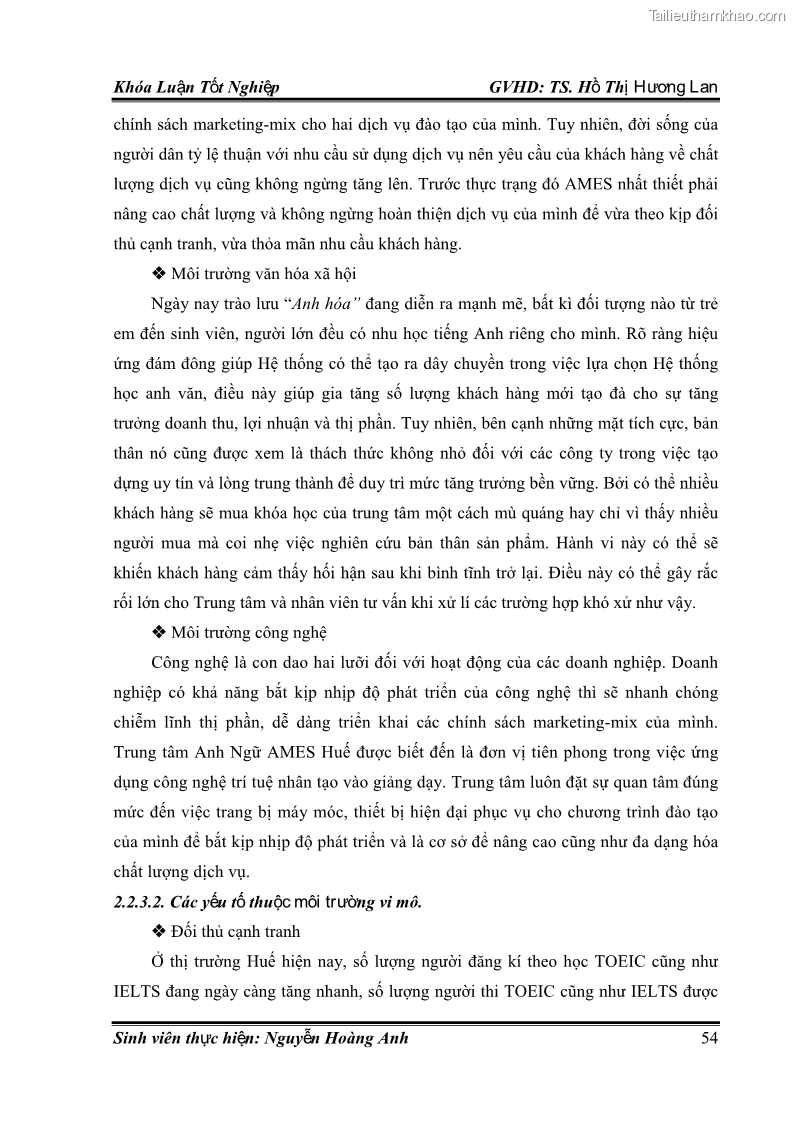 Khóa luận tốt nghiệp quản trị kinh doanh Hoàn thiện chính sách Marketing mix đối với dịch vụ đào tạo TOEIC và IELTS tại Trung tâm Anh ngữ Quốc tế AMES - chi nhánh Huế - 6 Trang 63
