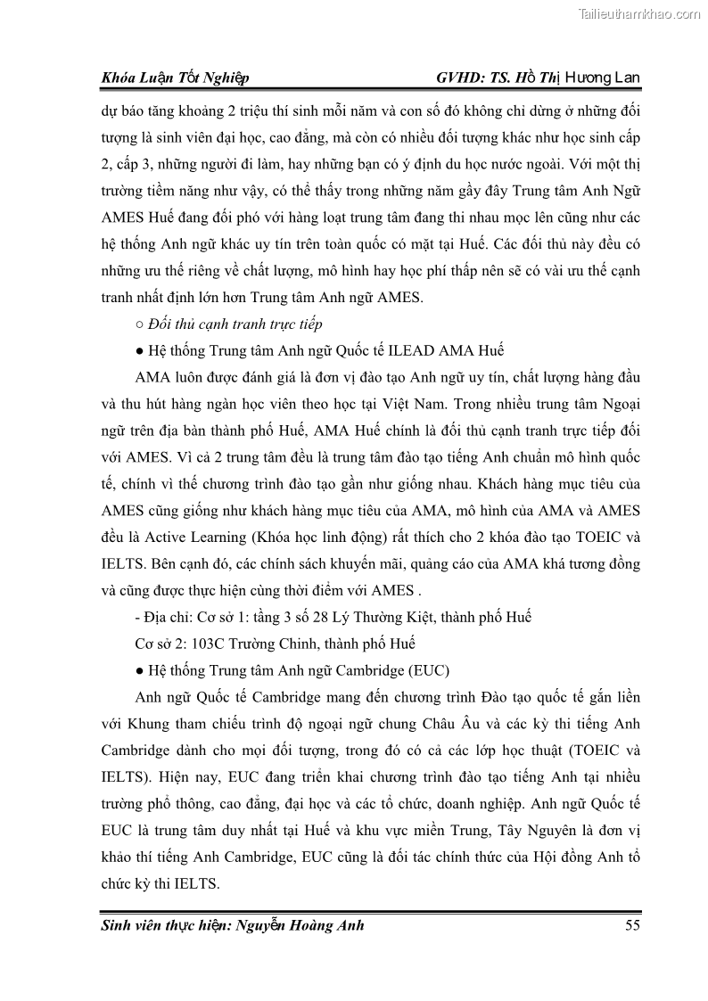 Khóa luận tốt nghiệp quản trị kinh doanh Hoàn thiện chính sách Marketing mix đối với dịch vụ đào tạo TOEIC và IELTS tại Trung tâm Anh ngữ Quốc tế AMES - chi nhánh Huế - 6 Trang 64
