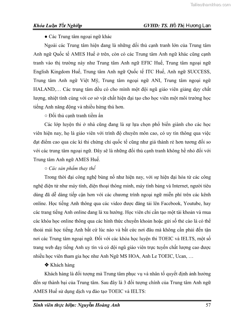 Khóa luận tốt nghiệp quản trị kinh doanh Hoàn thiện chính sách Marketing mix đối với dịch vụ đào tạo TOEIC và IELTS tại Trung tâm Anh ngữ Quốc tế AMES - chi nhánh Huế - 6 Trang 66