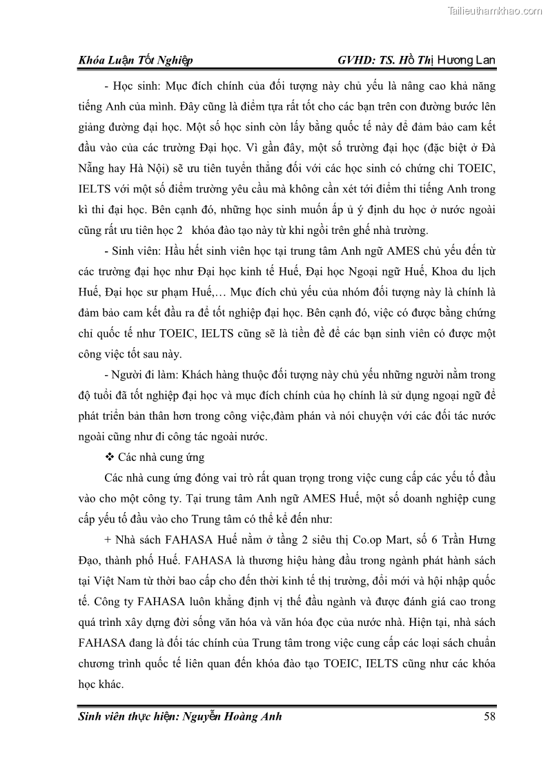 Khóa luận tốt nghiệp quản trị kinh doanh Hoàn thiện chính sách Marketing mix đối với dịch vụ đào tạo TOEIC và IELTS tại Trung tâm Anh ngữ Quốc tế AMES - chi nhánh Huế - 6 Trang 67