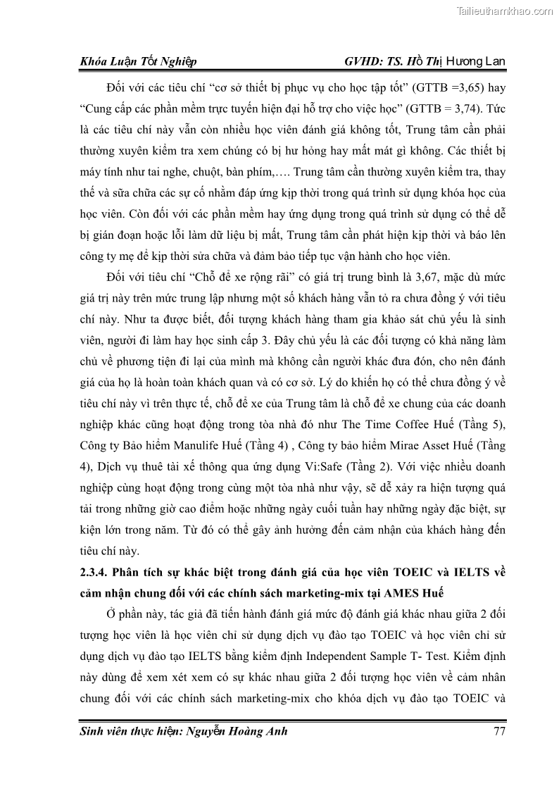 Khóa luận tốt nghiệp quản trị kinh doanh Hoàn thiện chính sách Marketing mix đối với dịch vụ đào tạo TOEIC và IELTS tại Trung tâm Anh ngữ Quốc tế AMES - chi nhánh Huế - 8 Trang 86