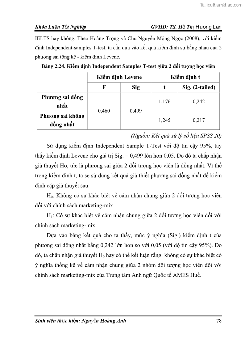 Khóa luận tốt nghiệp quản trị kinh doanh Hoàn thiện chính sách Marketing mix đối với dịch vụ đào tạo TOEIC và IELTS tại Trung tâm Anh ngữ Quốc tế AMES - chi nhánh Huế - 8 Trang 87