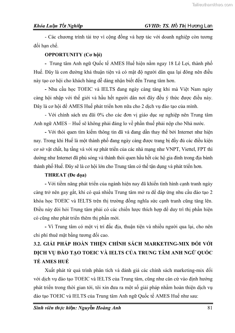 Khóa luận tốt nghiệp quản trị kinh doanh Hoàn thiện chính sách Marketing mix đối với dịch vụ đào tạo TOEIC và IELTS tại Trung tâm Anh ngữ Quốc tế AMES - chi nhánh Huế - 8 Trang 90